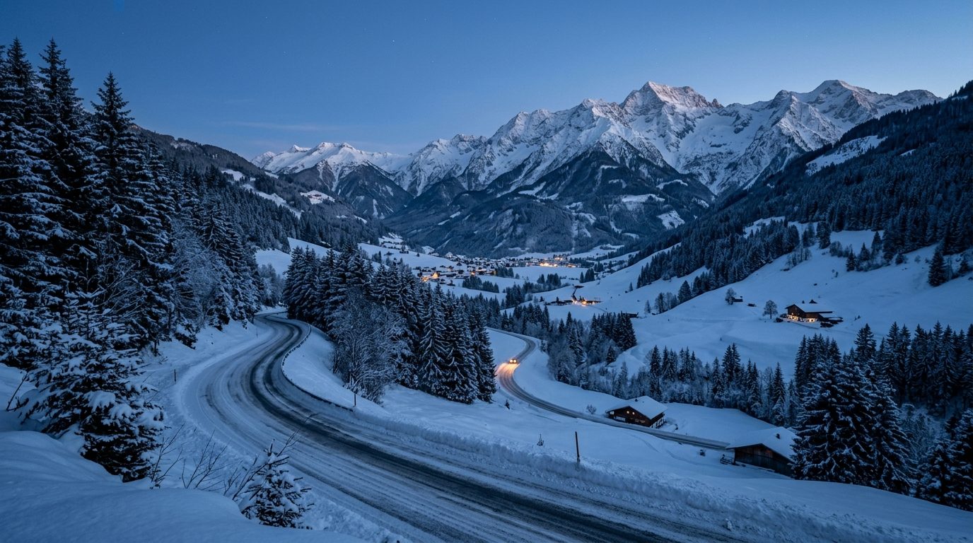Snowy alpine valley road at blue hour